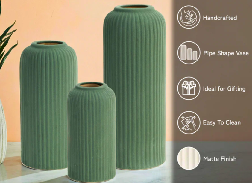 Forest Green Premium Ceramic Pipe Vase Set of 3 | Ribbed Texture Design