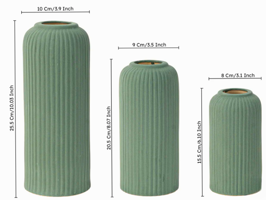 Forest Green Premium Ceramic Pipe Vase Set of 3 | Ribbed Texture Design