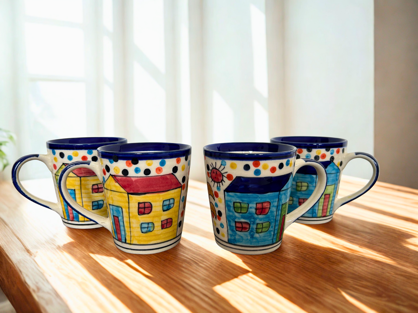 Handcrafted Ceramic Coffee Mug Set – Colourful Village Theme (Set of 4)