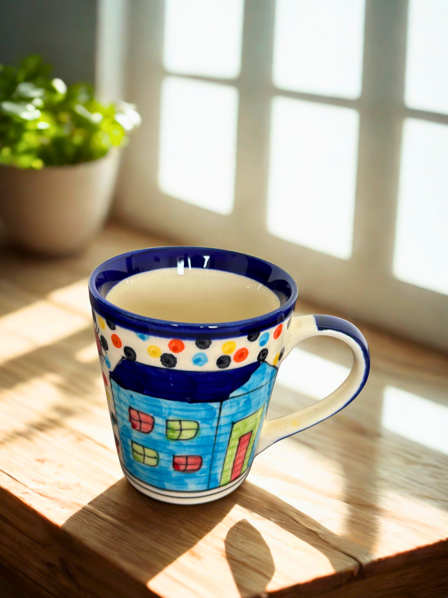 Handcrafted Ceramic Coffee Mug Set – Colourful Village Theme (Set of 4)