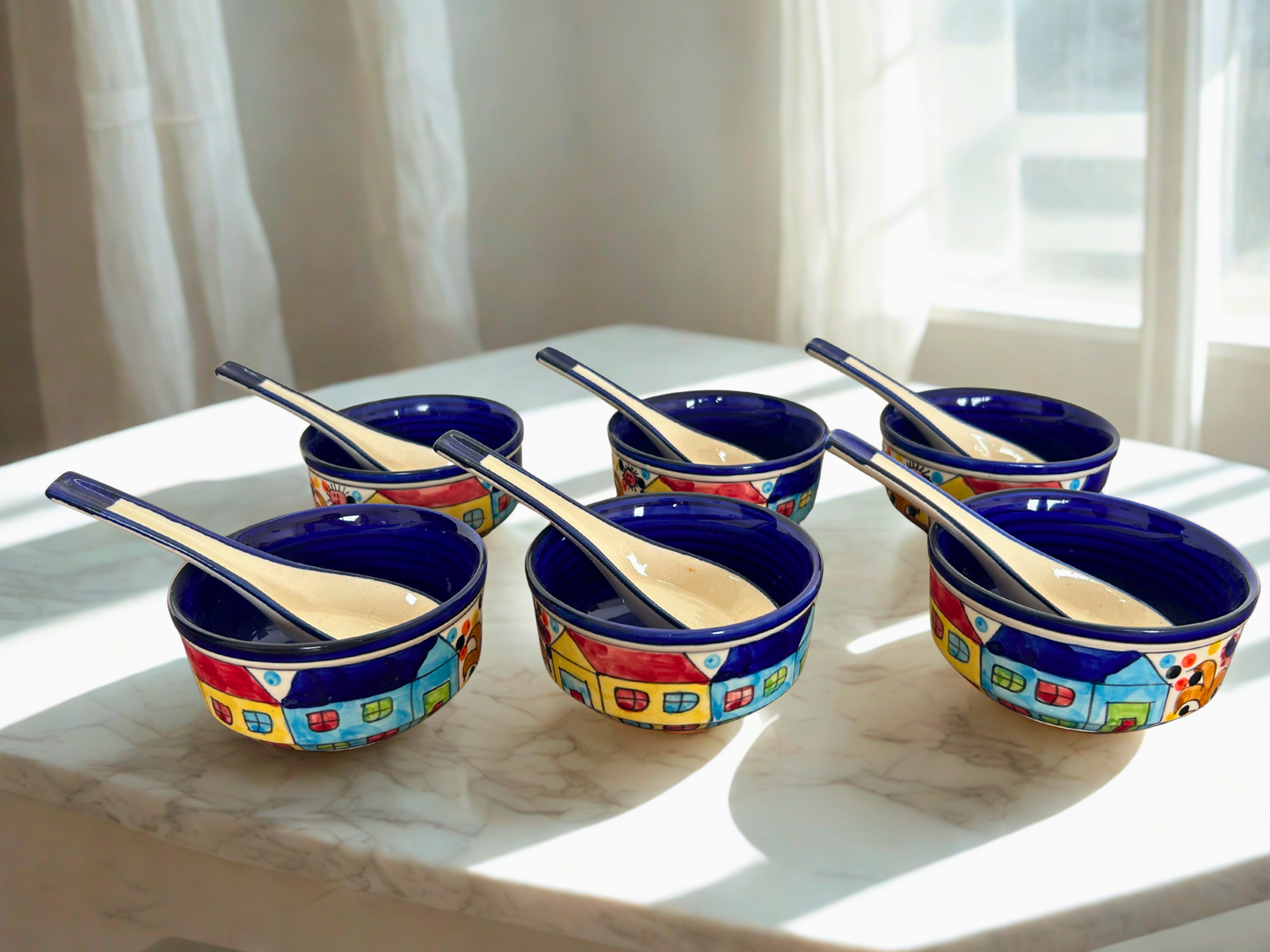 Handcrafted Colourful Ceramic Soup Bowls & Spoons - Village Theme (Set of 6)