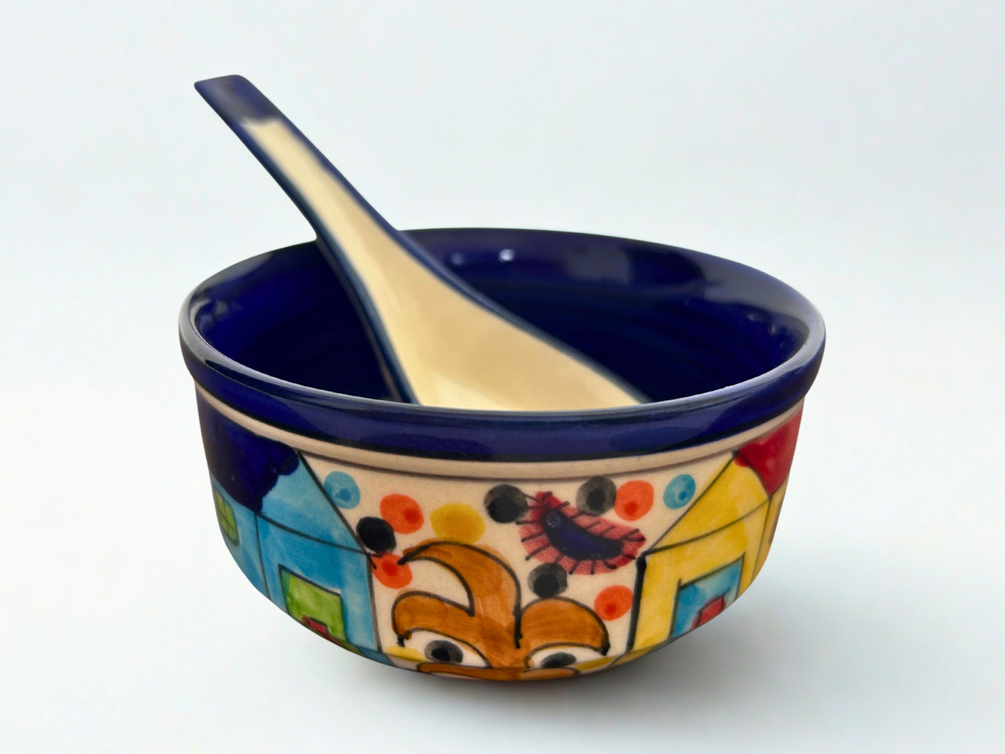 Handcrafted Colourful Ceramic Soup Bowls & Spoons - Village Theme (Set of 6)