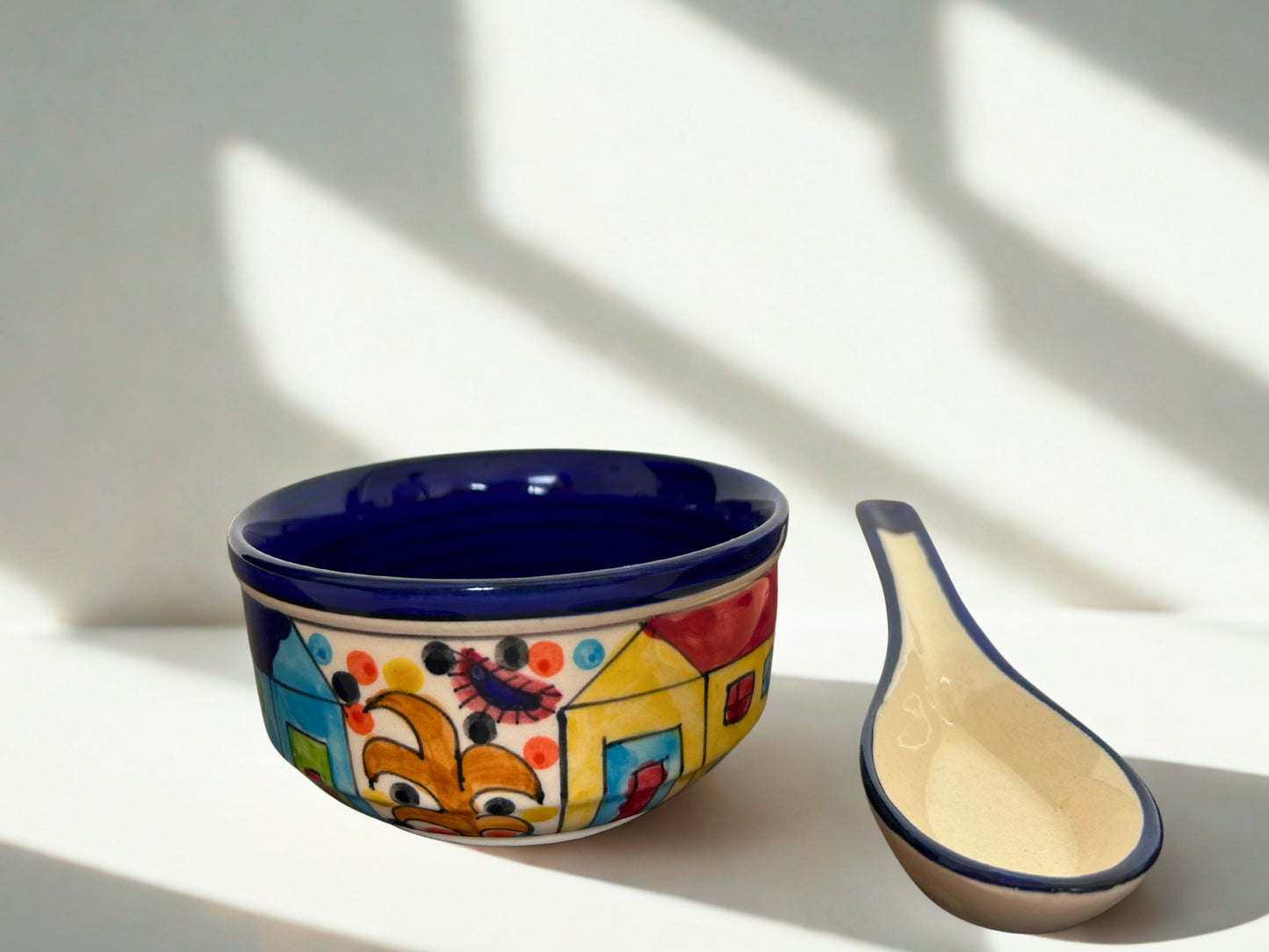 Handcrafted Colourful Ceramic Soup Bowls & Spoons - Village Theme (Set of 6)