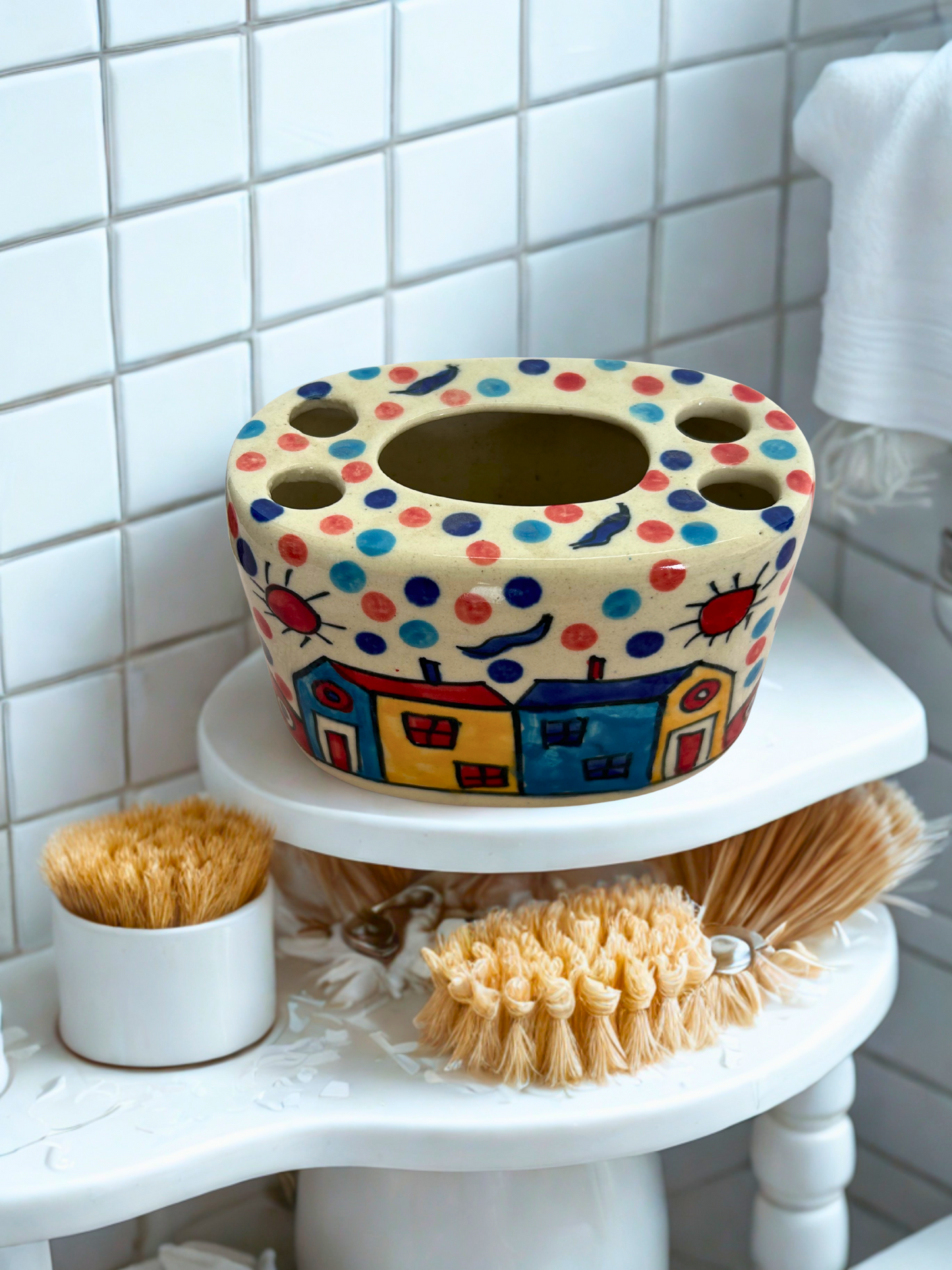 Handcrafted Ceramic Bathroom Set: A Village-Themed Ensemble (Set of 3)