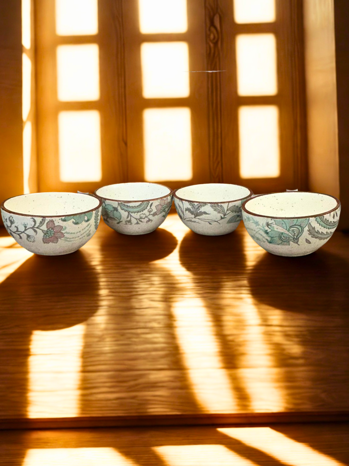 Pastel Bloom Ceramic Bowl Set of 4 | Handcrafted with Aqua Floral Design