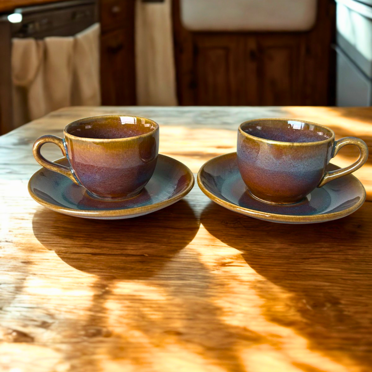 Earthy Glaze Ceramic Cup & Saucer Set | Handmade Stoneware Set of 6