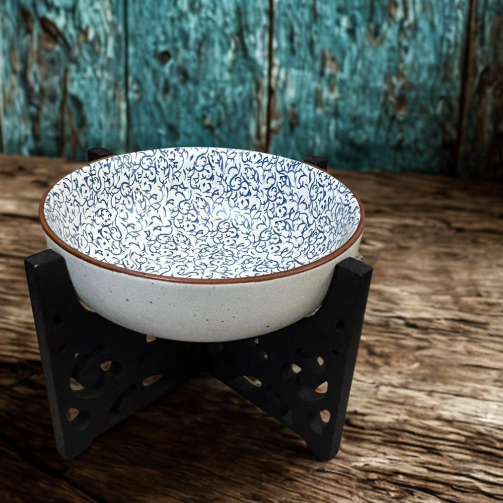 Serving Bowl (Ceramic) with Wooden Stand - Large | Blue Floral Design