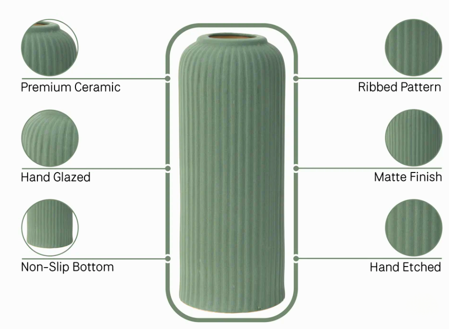 Forest Green Premium Ceramic Pipe Vase Set of 3 | Ribbed Texture Design