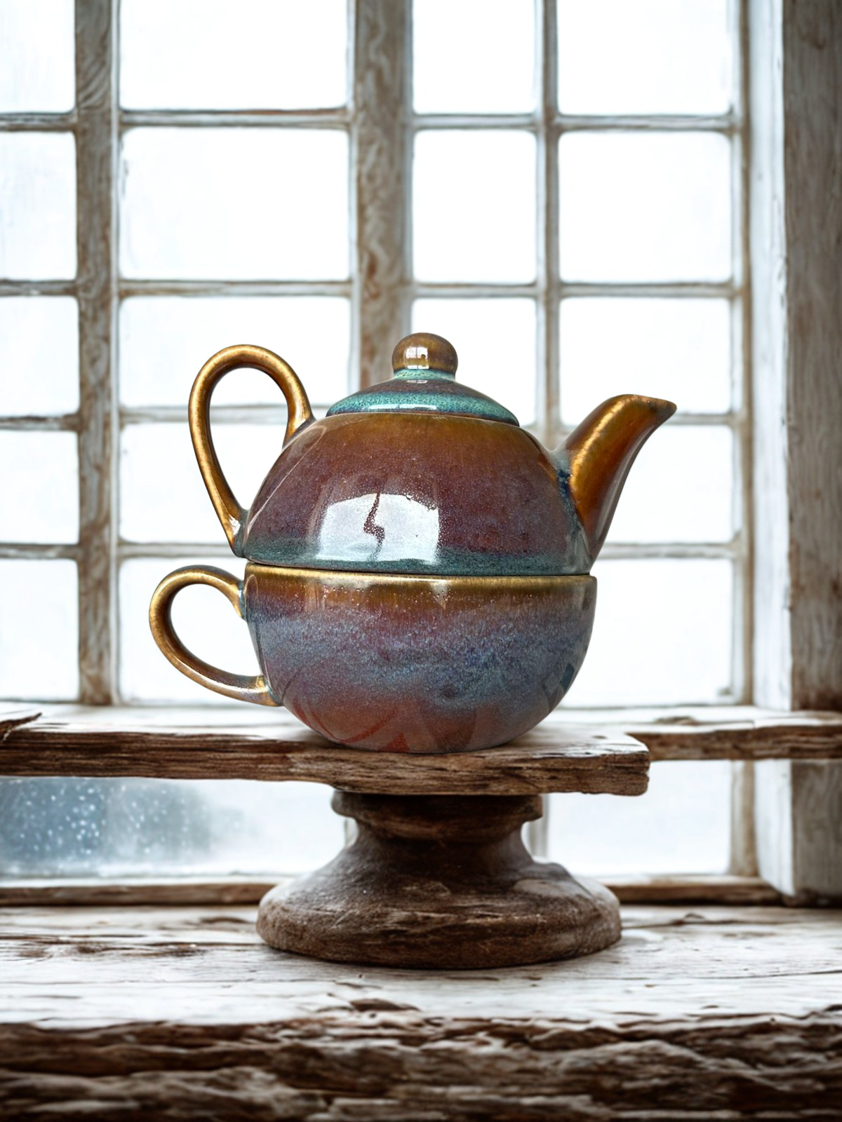 Aurora Glaze Stacking Teapot & Cup Set – Handcrafted Ceramic