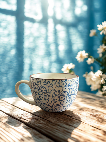 Handcrafted Blue & White Ceramic Tea Cup Set with Tray - 4 Cups + Tray | Traditional Floral Design