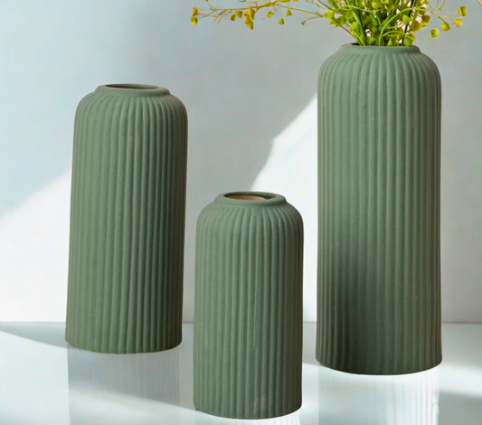 Forest Green Premium Ceramic Pipe Vase Set of 3 | Ribbed Texture Design