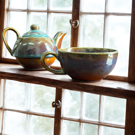 Aurora Glaze Stacking Teapot & Cup Set – Handcrafted Ceramic