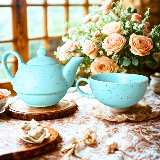 Matte Aqua Speckled Ceramic Teapot & Cup Set - 2 in 1 Piece | Minimalist Tea Set