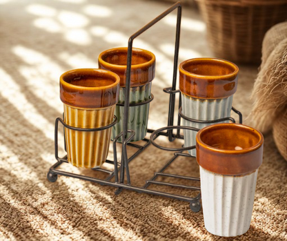 Rustic Ceramic Kulhad Set with Metal Stand - 4 Kulhads + Stand | Traditional Tea Cups