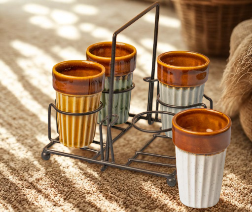 Rustic Ceramic Kulhad Set with Metal Stand - 4 Kulhads + Stand | Traditional Tea Cups
