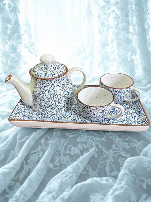 Handcrafted Blue & White Ceramic Tea Set - Kettle + 2 Cups + Tray | Traditional Floral Design