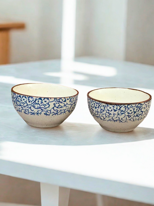 Handcrafted Blue Floral Ceramic Bowls - Set of 2 | Vine Pattern Design