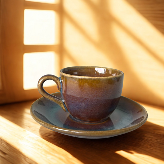 Earthy Glaze Ceramic Cup & Saucer Set | Handmade Stoneware Set of 6