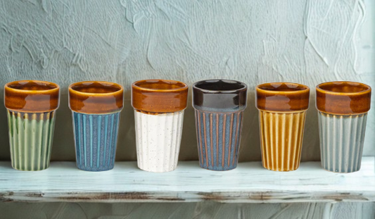 Handcrafted Ceramic Kulhad Set with Metal Stand - 6 Kulhads + Stand | Traditional Indian Tea Cups