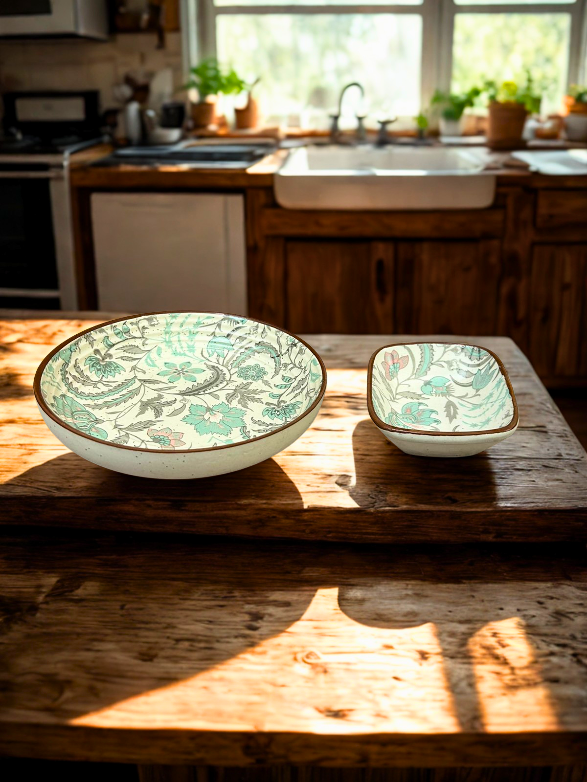 Pastel Bloom Ceramic Serving Bowl Set | Round & Square with Floral Design