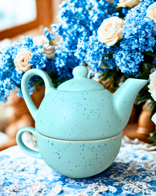 Matte Aqua Speckled Ceramic Teapot & Cup Set - 2 in 1 Piece | Minimalist Tea Set