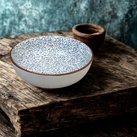 Large Ceramic Serving Bowl | Blue Floral Interior with Matte Exterior