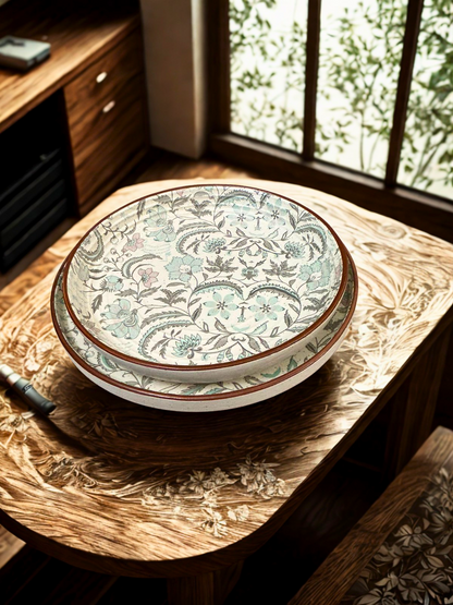 Pastel Bloom Handcrafted Ceramic Plate Set | Aqua Floral Design
