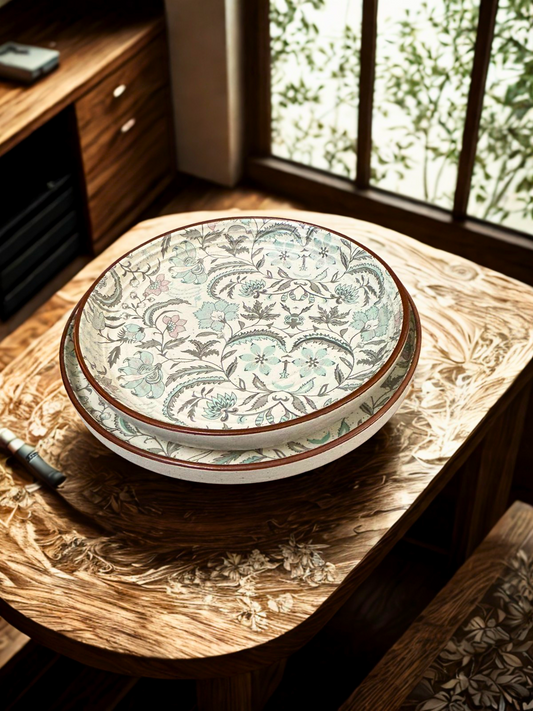 Pastel Bloom Handcrafted Ceramic Plate Set | Aqua Floral Design