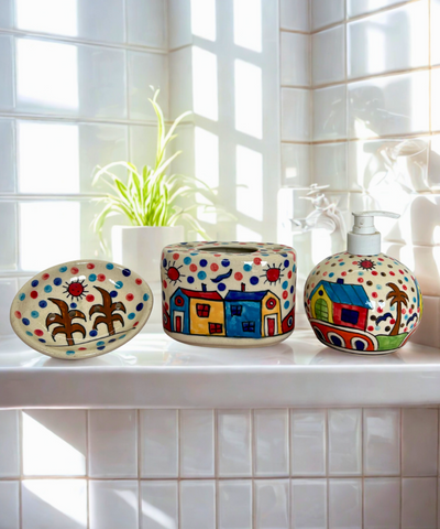 Handcrafted Ceramic Bathroom Set: A Village-Themed Ensemble (Set of 3)