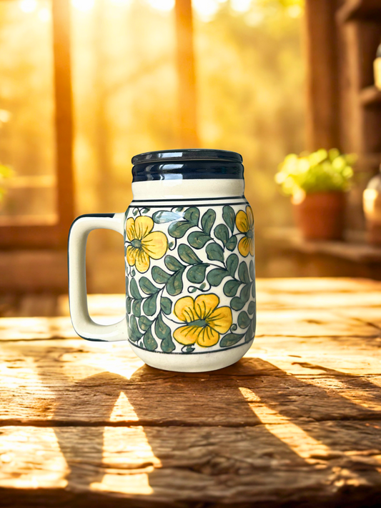 Floral Ceramic Coffee Storage Jar with Lid | Yellow Flower Design