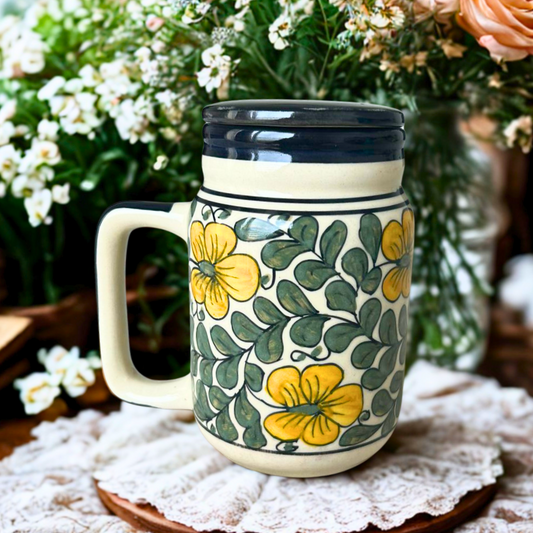 Handcrafted Ceramic Mug with Lid | Yellow Floral & Green Vine Motif
