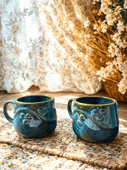 Handcrafted Ceramic Glazed Coffee Mugs - Set of 2 | Ocean Blue & Earth Green