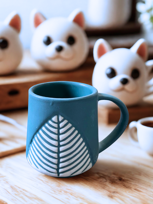 Handcrafted Ceramic Leaf Pattern Coffee Mugs - Set of 6 | Teal Green Glaze