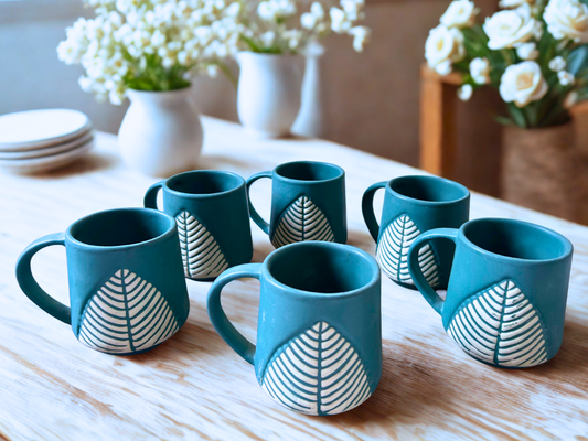 Handcrafted Ceramic Leaf Pattern Coffee Mugs - Set of 6 | Teal Green Glaze