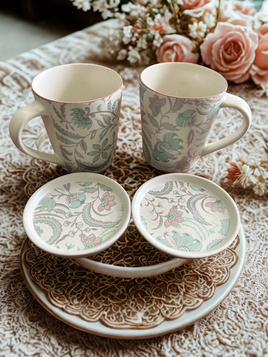 Flowery Coffee Mug & Coaster Set | Handmade Ceramic with Floral Patterns