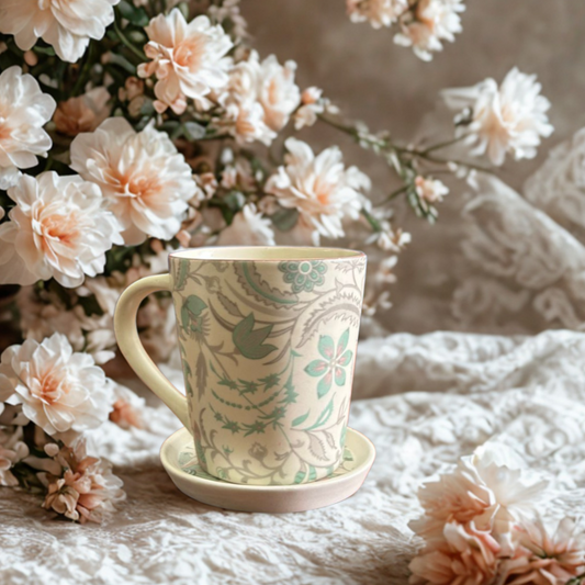 Flowery Coffee Mug & Coaster Set | Handmade Ceramic with Floral Patterns