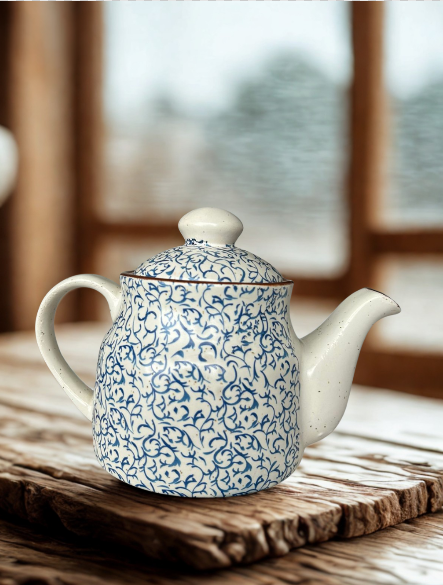 Handcrafted Blue & White Ceramic Teapot | Traditional Floral Vine Design