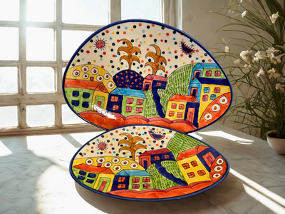 Handcrafted Colorful Homes Ceramic Oval Plates – Set of 2 (Large & Small)