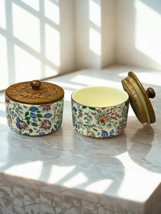Hand-Painted Ceramic Storage Jars with Carved Wooden Lids | Traditional Folk Art Set of 2