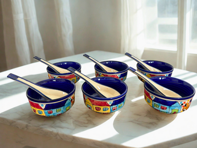Handcrafted Colourful Ceramic Soup Bowls & Spoons - Village Theme (Set of 6)
