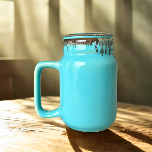 Turquoise Ceramic Coffee Jar Mug with Lid | Aqua Blue with Brown Rim