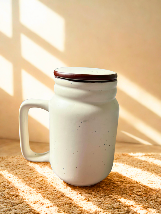 Minimalist Ceramic Coffee Jar Mug with Lid | White Speckled Design