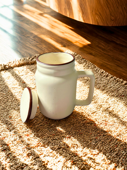 Minimalist Ceramic Coffee Jar Mug with Lid | White Speckled Design