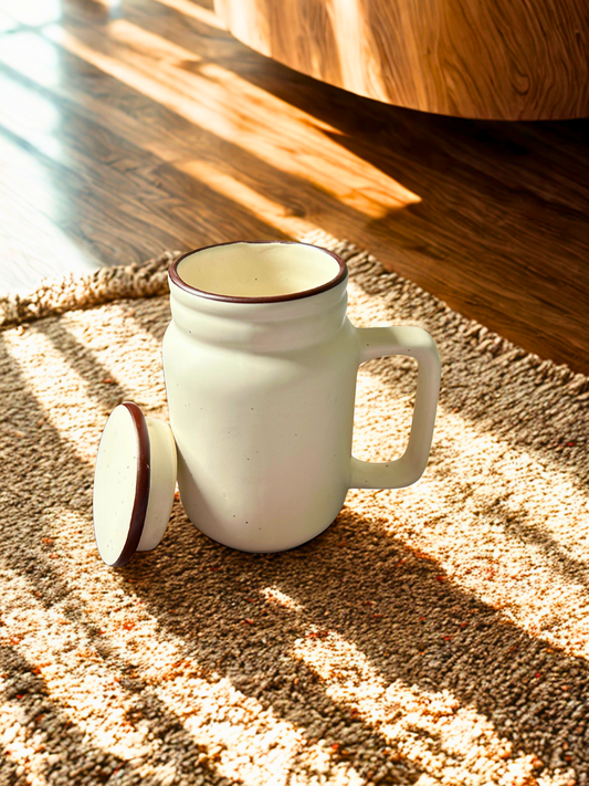 Minimalist Ceramic Coffee Jar Mug with Lid | White Speckled Design