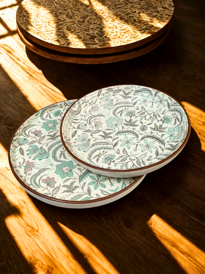 Pastel Bloom Handcrafted Ceramic Plate Set | Aqua Floral Design
