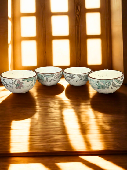 Pastel Bloom Ceramic Bowl Set of 4 | Handcrafted with Aqua Floral Design