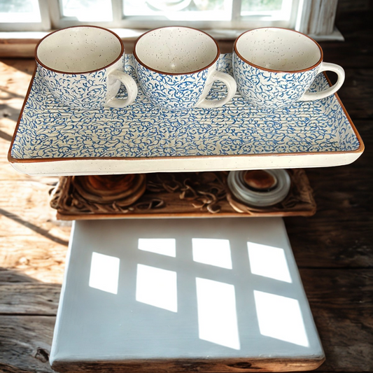 Handcrafted Blue & White Ceramic Tea Cup Set with Tray - 4 Cups + Tray | Traditional Floral Design