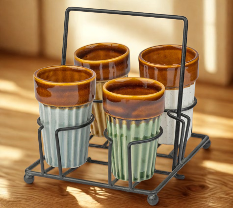 Rustic Ceramic Kulhad Set with Metal Stand - 4 Kulhads + Stand | Traditional Tea Cups