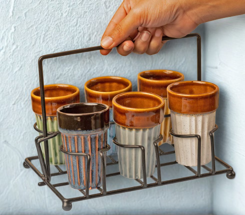 Handcrafted Ceramic Kulhad Set with Metal Stand - 6 Kulhads + Stand | Traditional Indian Tea Cups
