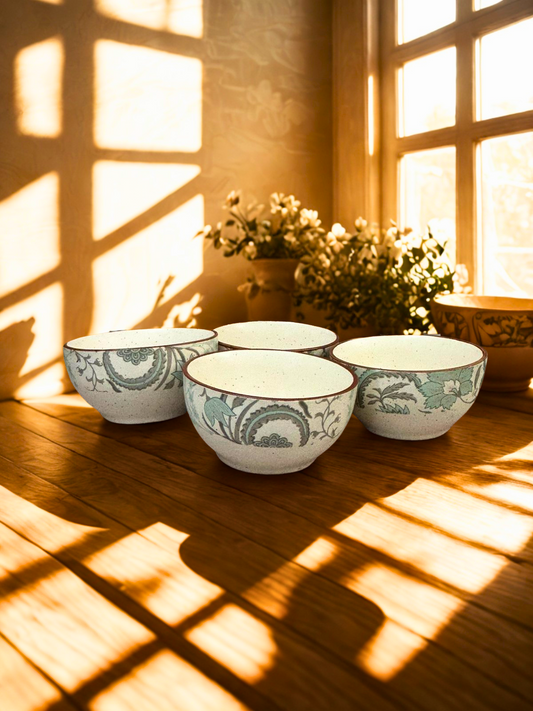 Pastel Bloom Ceramic Bowl Set of 4 | Handcrafted with Aqua Floral Design